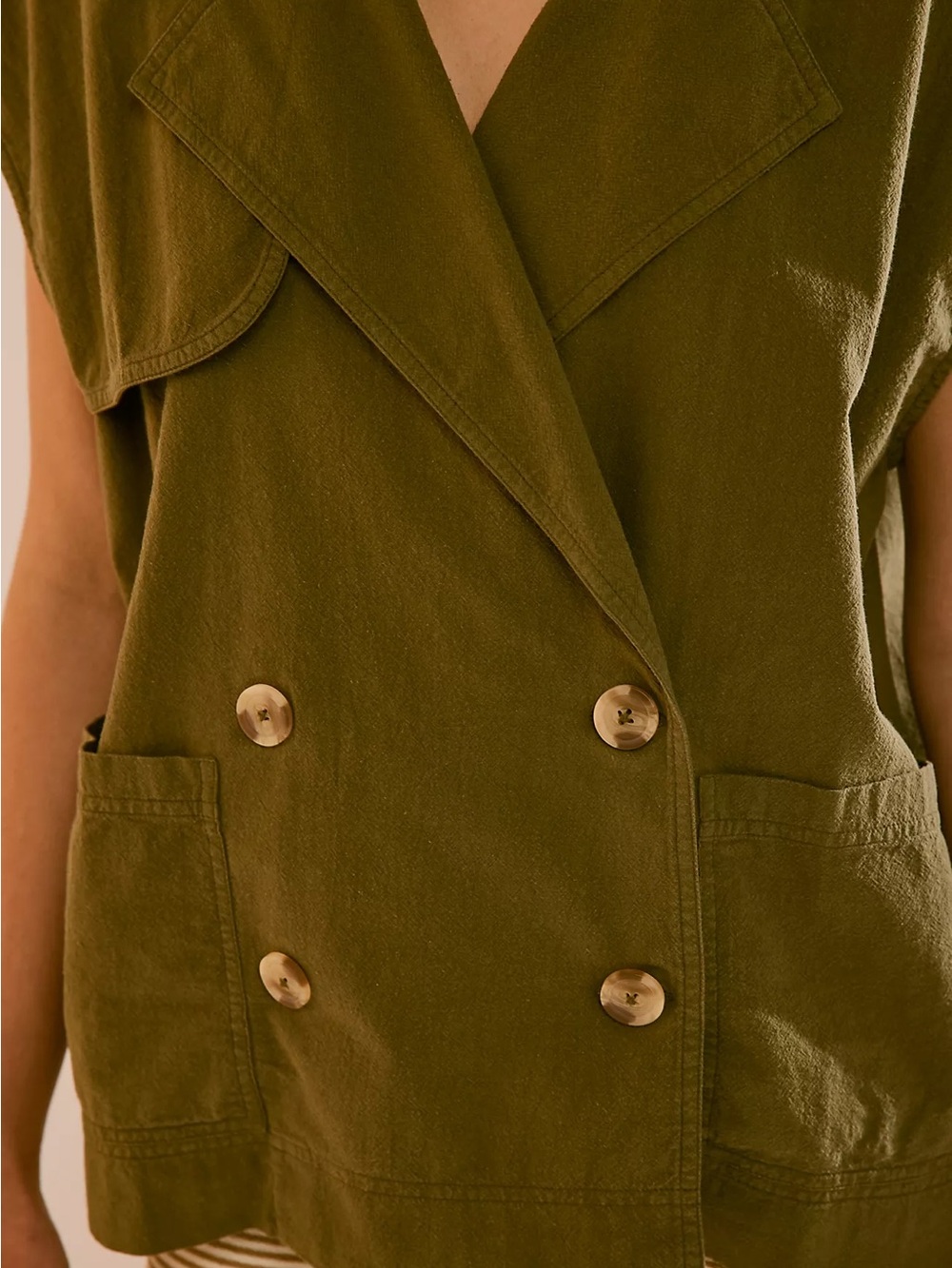 Free People Olive Green Double-Breasted Sleeveless Vest